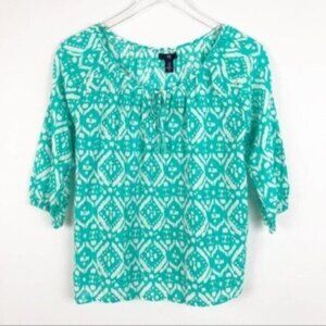 GAP |  Women's Teal & White 3/4 Sleeve Round Neck Peasant Blouse Size XS